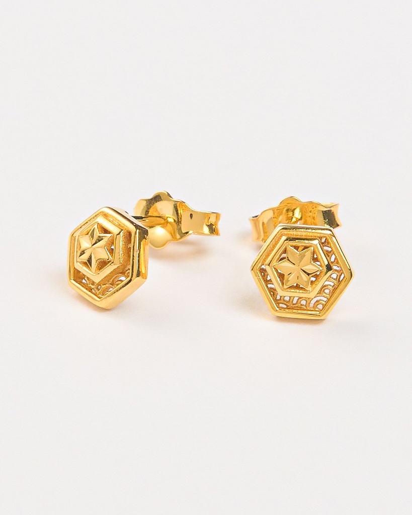 Exquisite 916 Gold Hexagon Star Stud Earrings